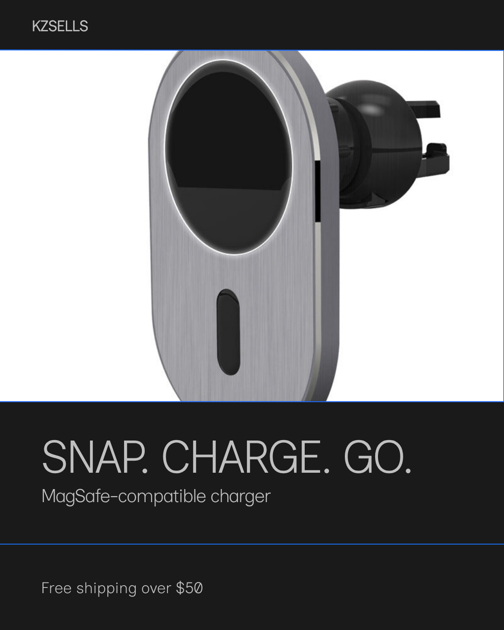 KZ Magnetic Wireless Car Charger promotional graphic - Snap. Charge. Go. MagSafe-compatible charger, $59.95 AUD, free shipping over $50