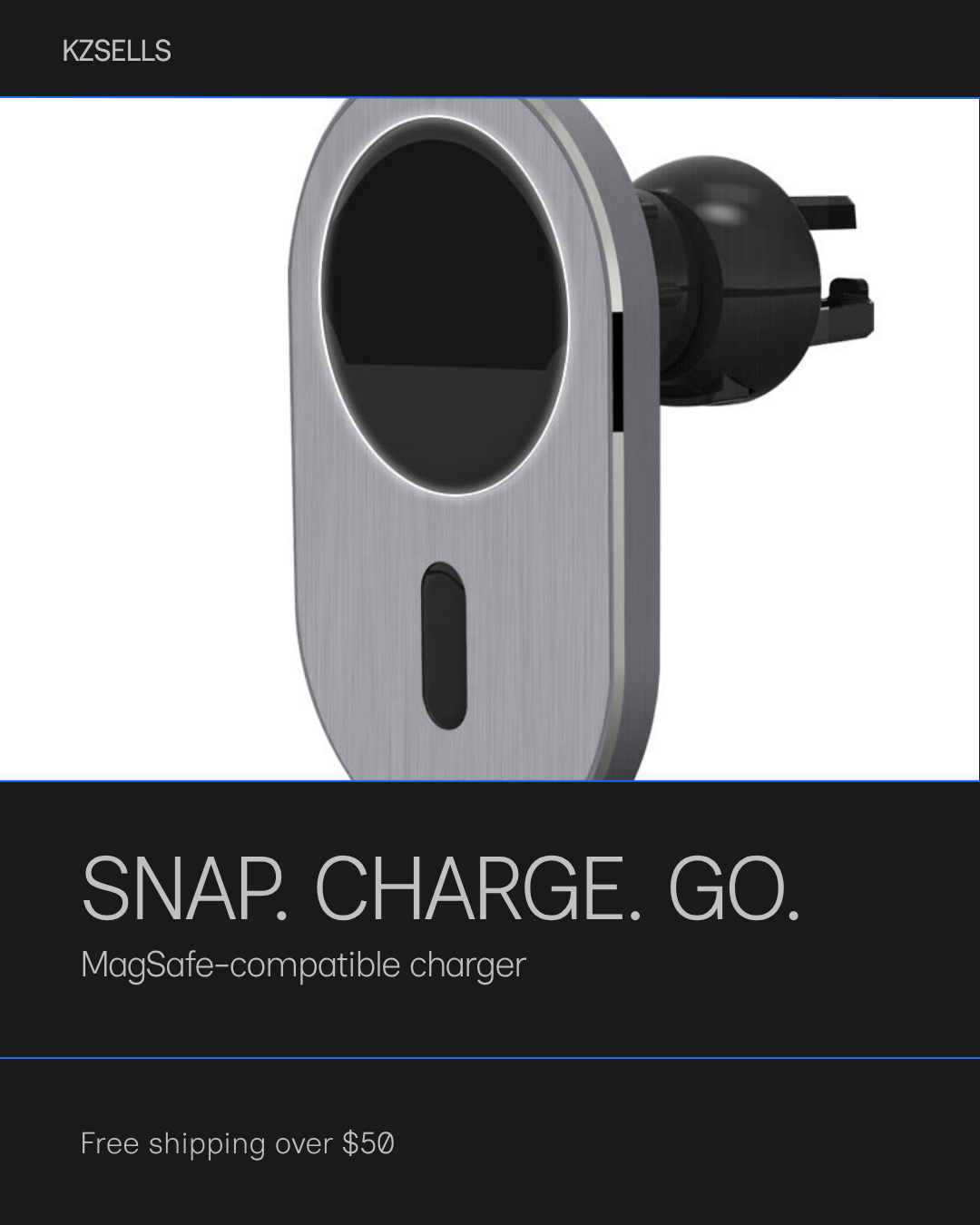 KZ Magnetic Wireless Car Charger promotional graphic - Snap. Charge. Go. MagSafe-compatible charger, $59.95 AUD, free shipping over $50