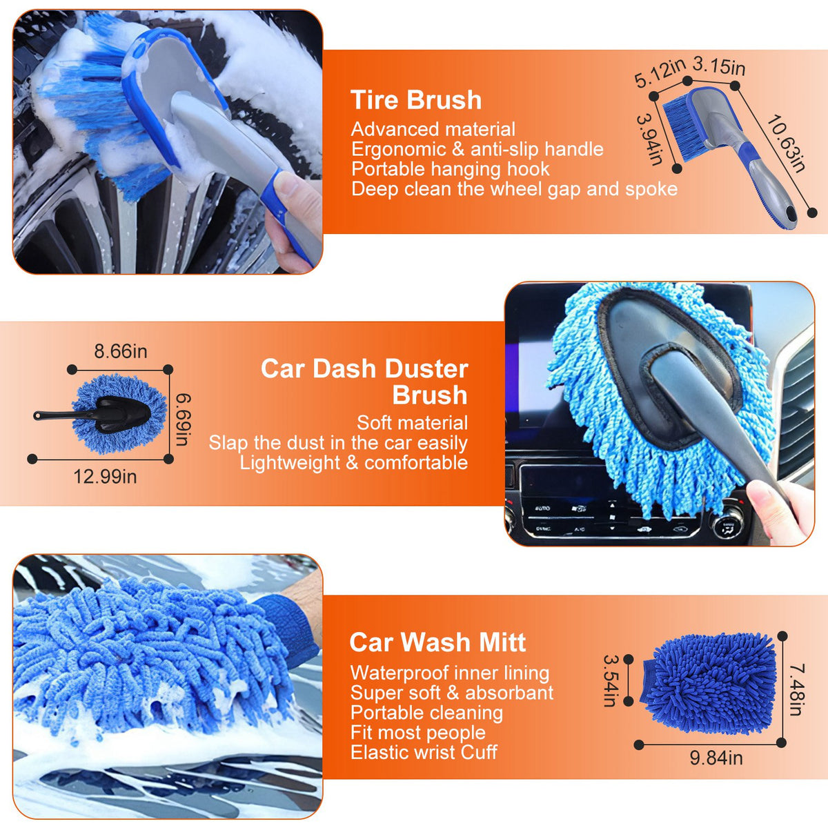 Tyre brush, dash duster brush and car wash mitt from the KZ detailing kit