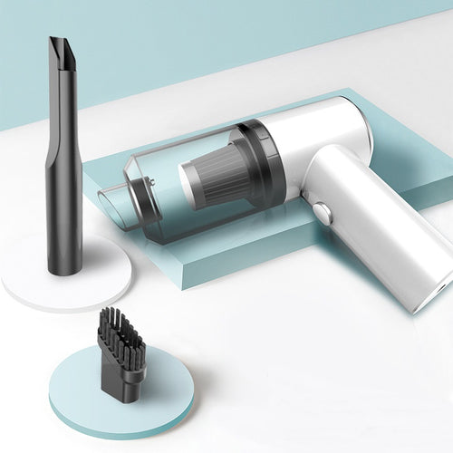 KZ Cordless Car Vacuum in white and black with crevice nozzle and brush head