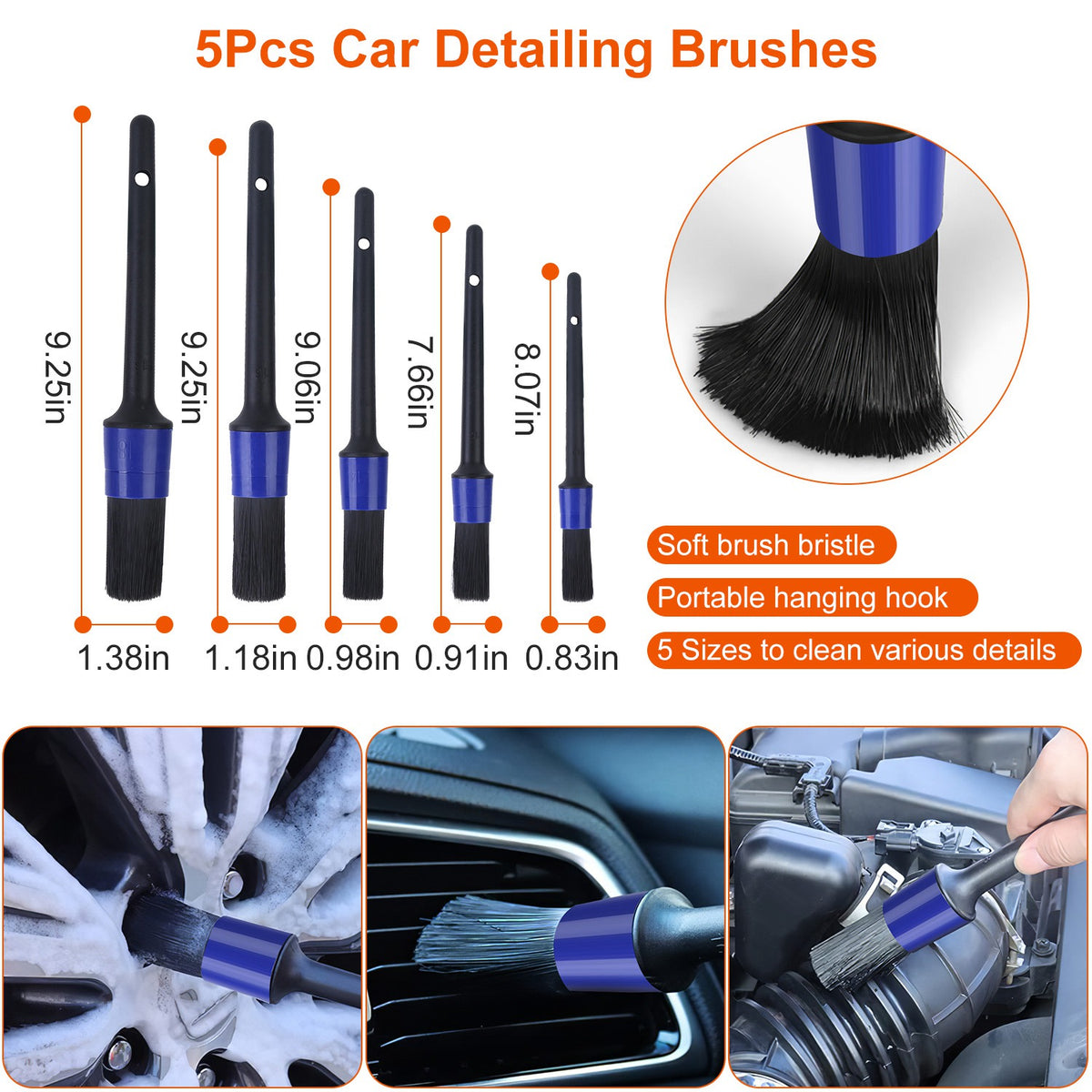 The five soft detailing brushes in the KZ kit, sized for vents, badges and trim