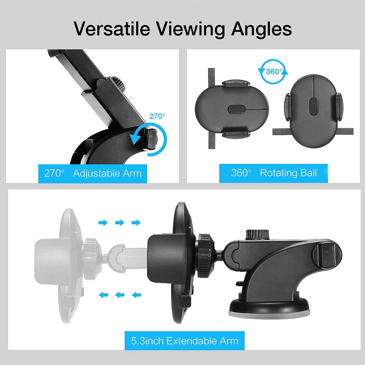 KZ Telescopic Dash Mount viewing angles - 270 degree arm and 360 degree rotating ball joint