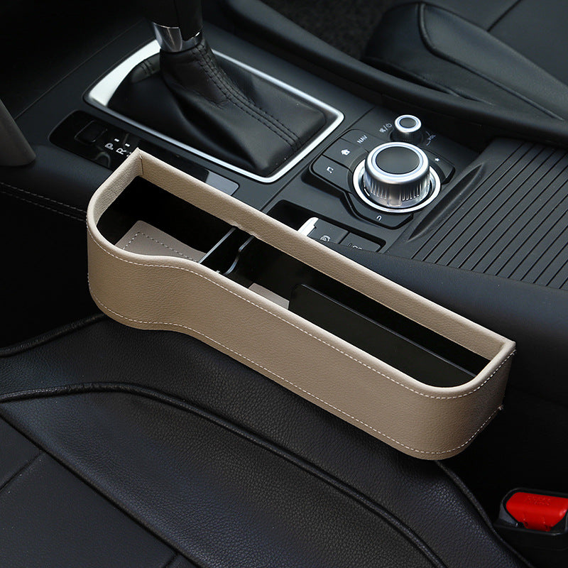 KZ Seat Gap Filler in beige PU leather installed beside a car centre console