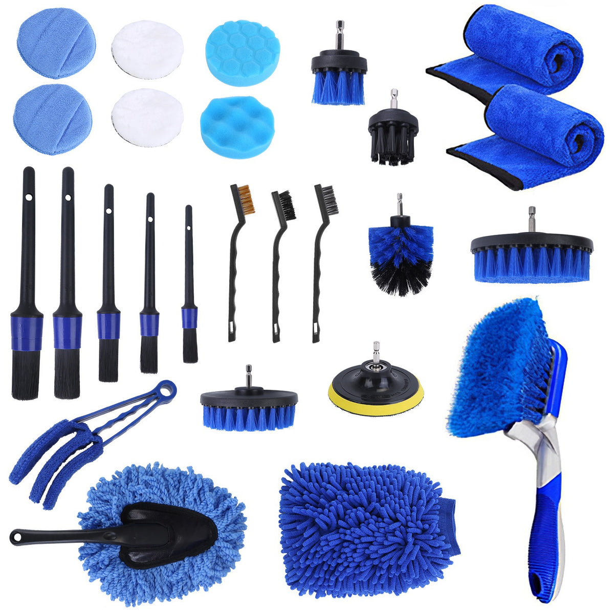 KZ 26-Piece Car Detailing Brush Kit contents arranged on a white background