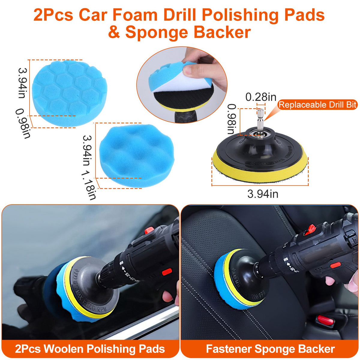 Foam drill polishing pads and sponge backer from the KZ detailing kit, with dimensions