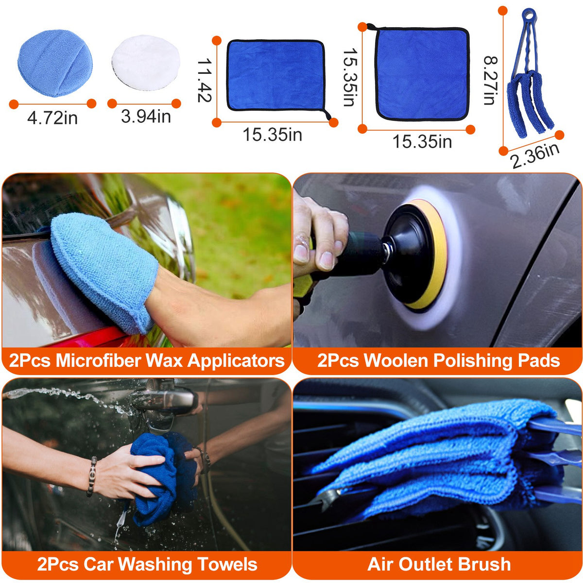 Microfibre wax applicators, washing towels and air vent brush from the KZ detailing kit