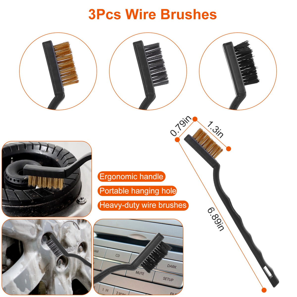 The three wire brushes included in the KZ detailing kit, with dimensions