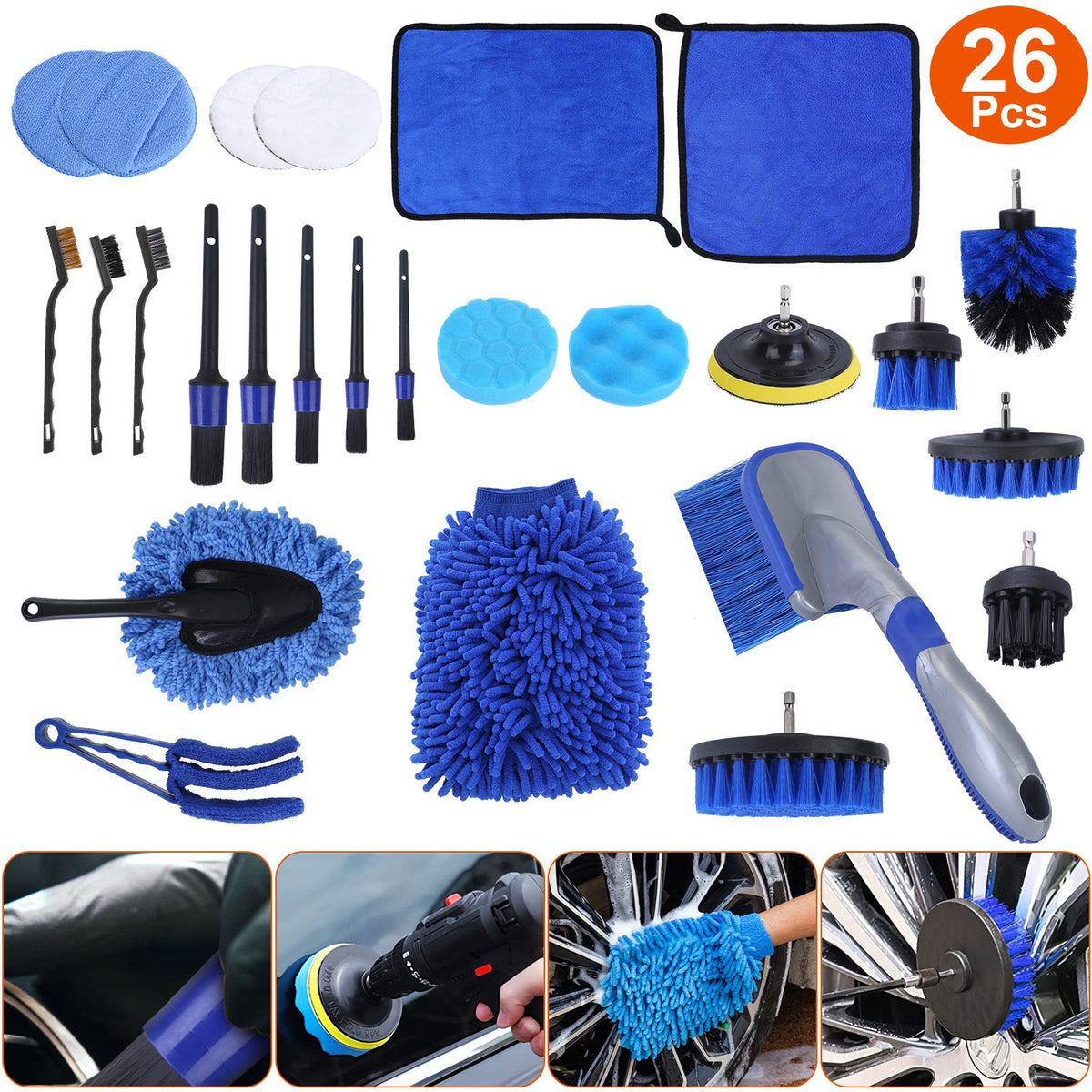 All 26 pieces of the KZ Car Detailing Brush Kit laid out - drill brushes, detailing brushes, pads, towels and wash mitt