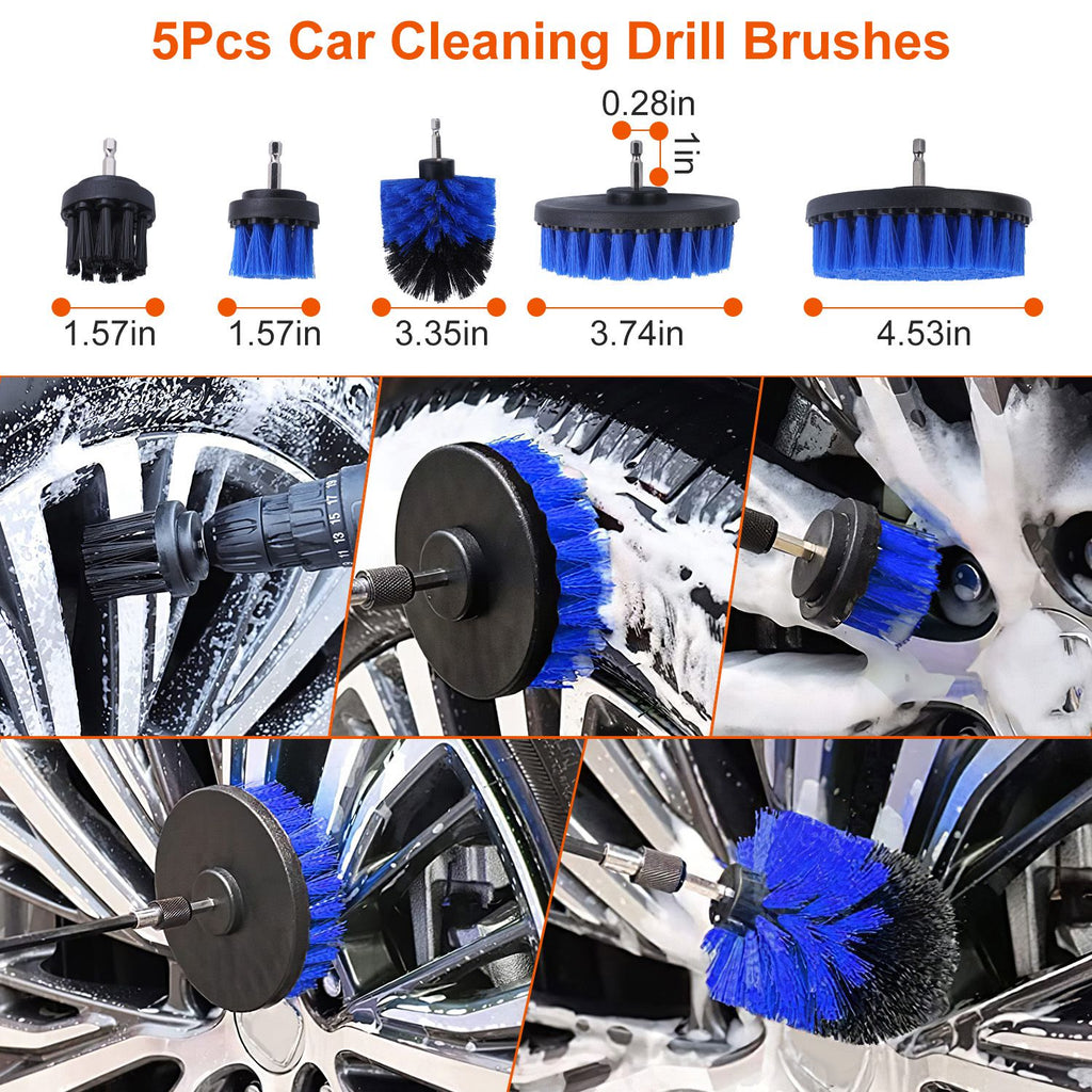 The five drill brush attachments in the KZ detailing kit, sized for wheels and carpet