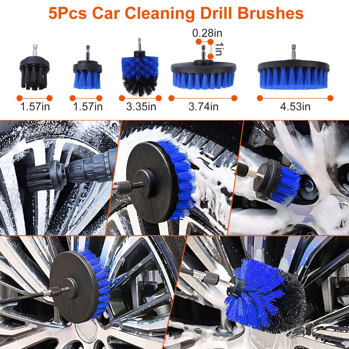The five drill brush attachments in the KZ detailing kit, sized for wheels and carpet