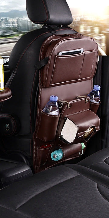 KZ Seat-Back Organizer installed on a car seat, multi-pocket PU leather storage